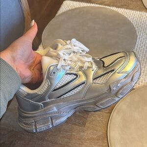 Chunky Silver and White Sneakers with Bulky Sole and Mesh Upper